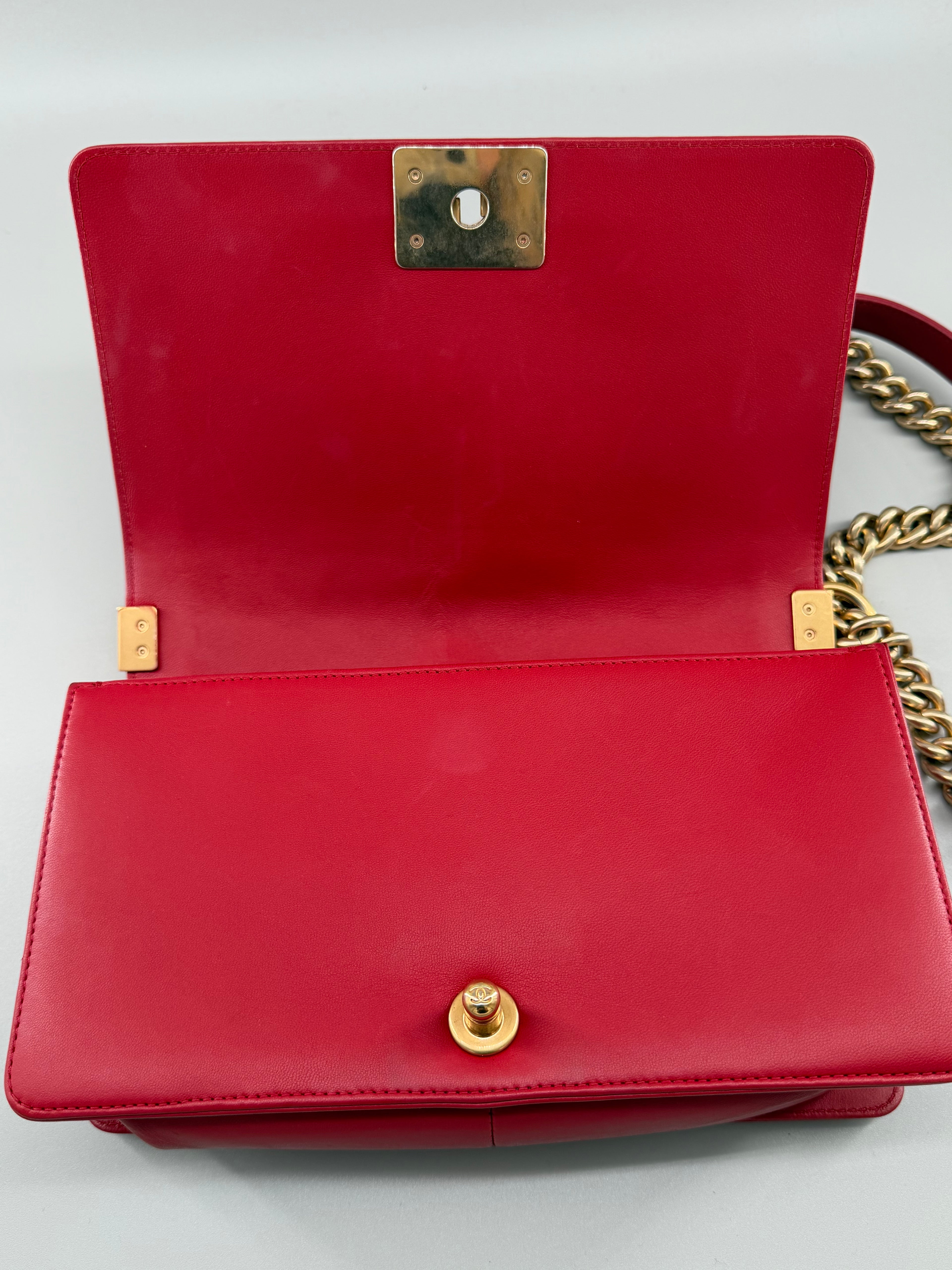 Chanel Boy Old Medium Flap Bag Red Quilted Lambskin Leather Aged Gold Hardware 2016-2017