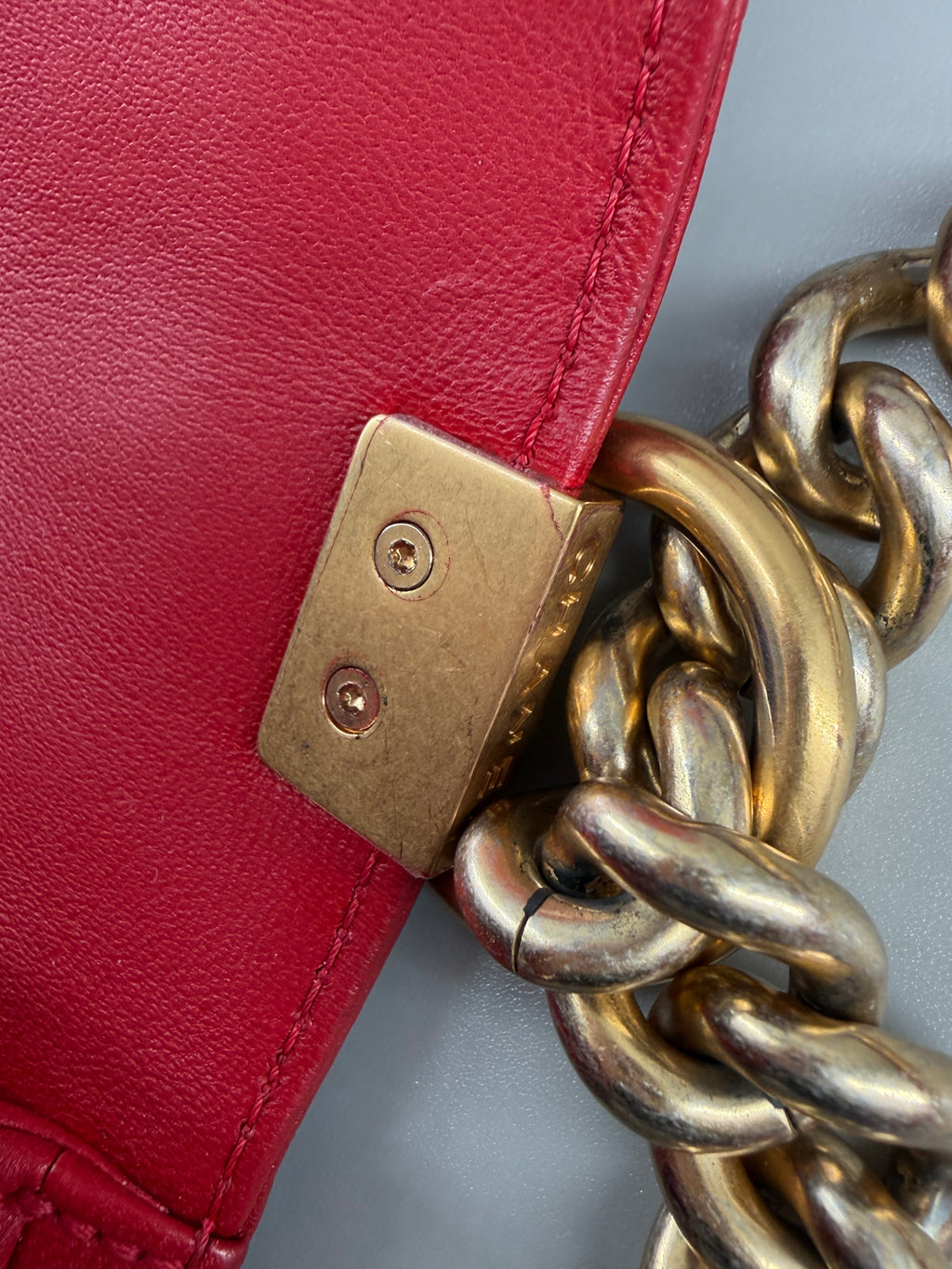 Chanel Boy Old Medium Flap Bag Red Quilted Lambskin Leather Aged Gold Hardware 2016-2017