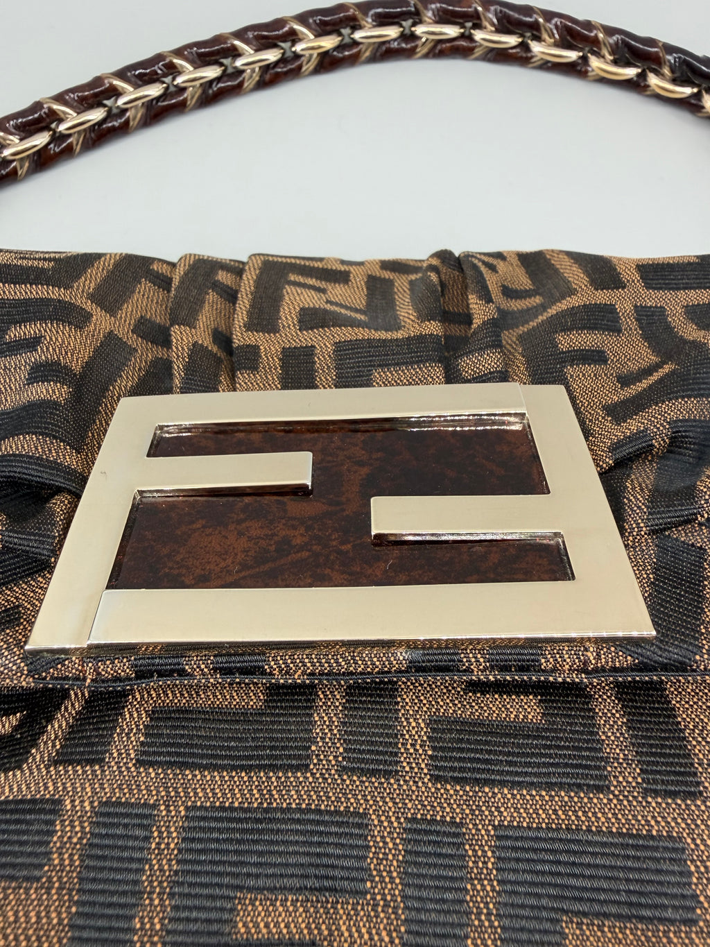 Fendi Mia Zucca Flap Shoulder Bag Tobacco FF Canvas with Oversized Logo Buckle & Dust Bag