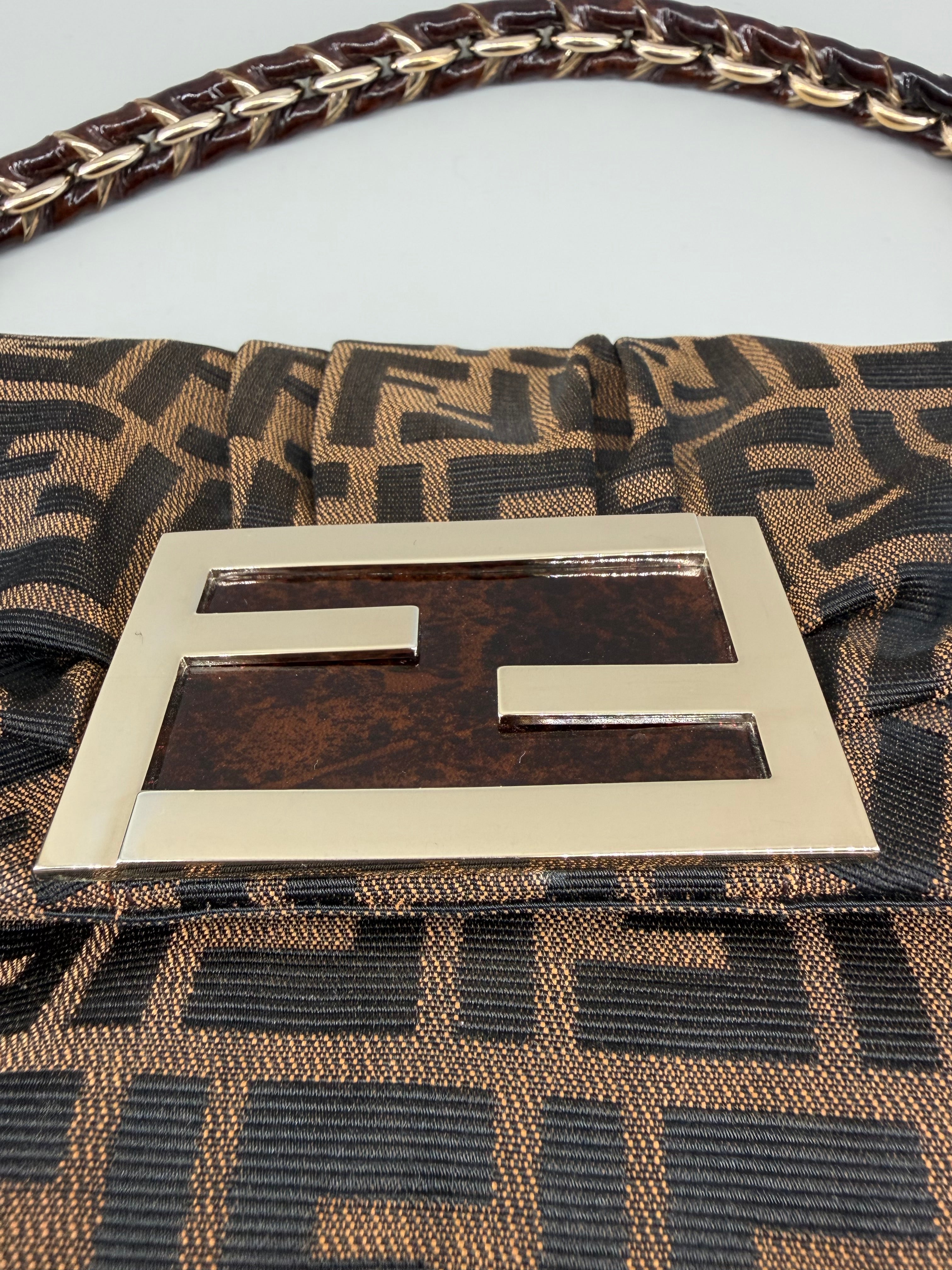Fendi Mia Zucca Flap Shoulder Bag Tobacco FF Canvas with Oversized Logo Buckle & Dust Bag