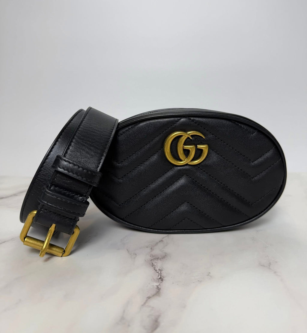Gucci GG Marmont Matelassé Leather Belt Bag Black with Antique Gold Hardware
