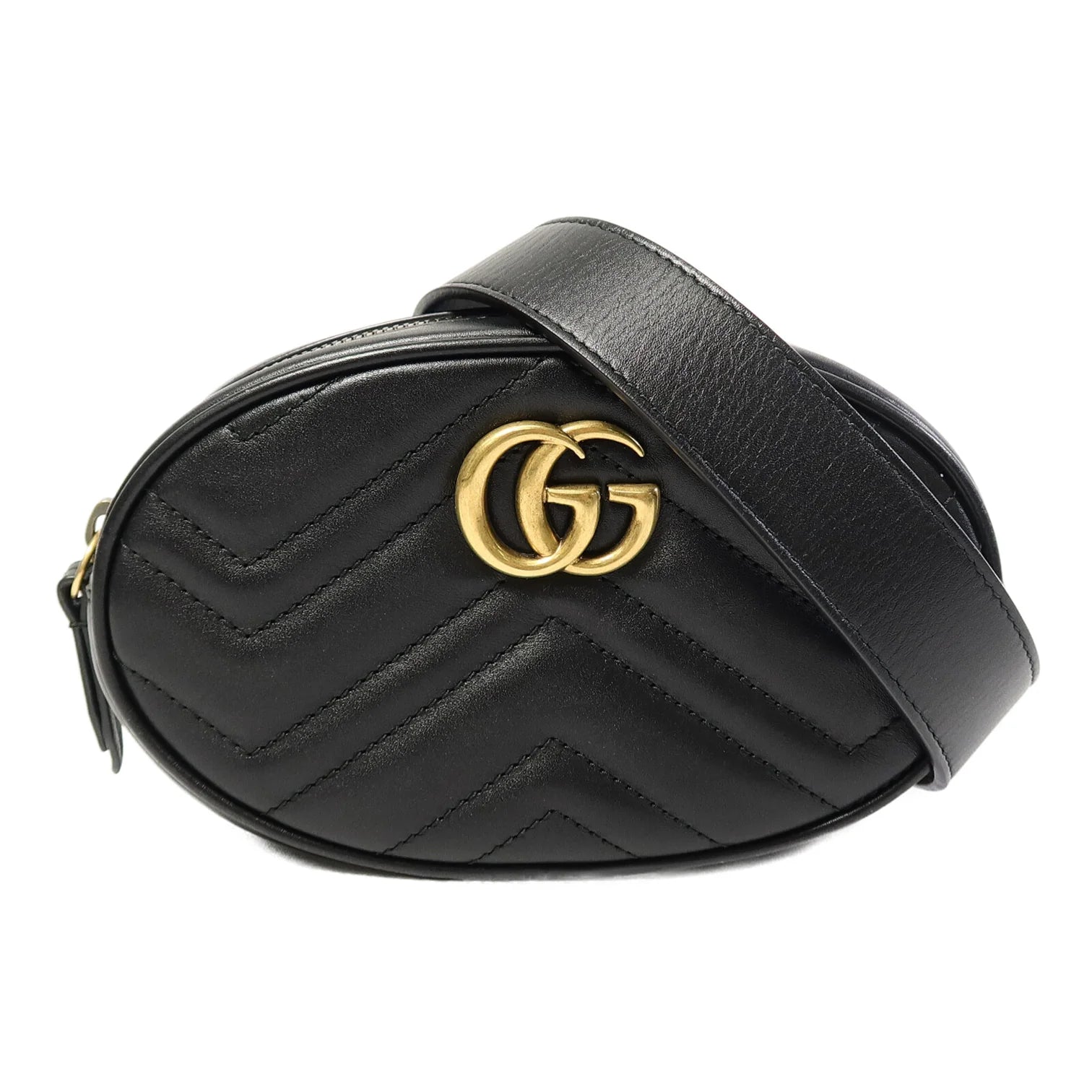 Gucci GG Marmont Matelassé Leather Belt Bag Black with Antique Gold Hardware