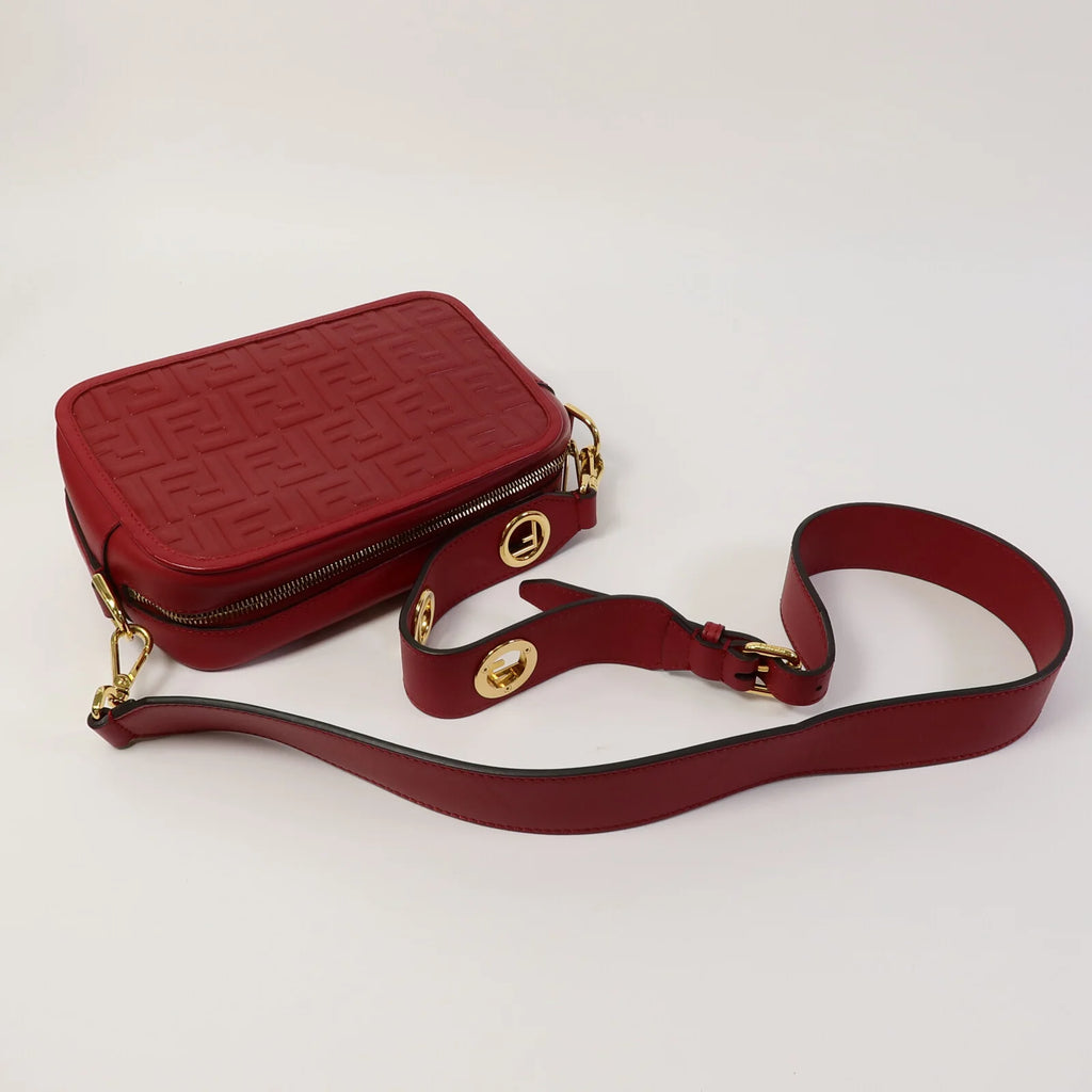 Fendi Red Embossed FF Leather Camera Case Crossbody Bag with Logo Strap