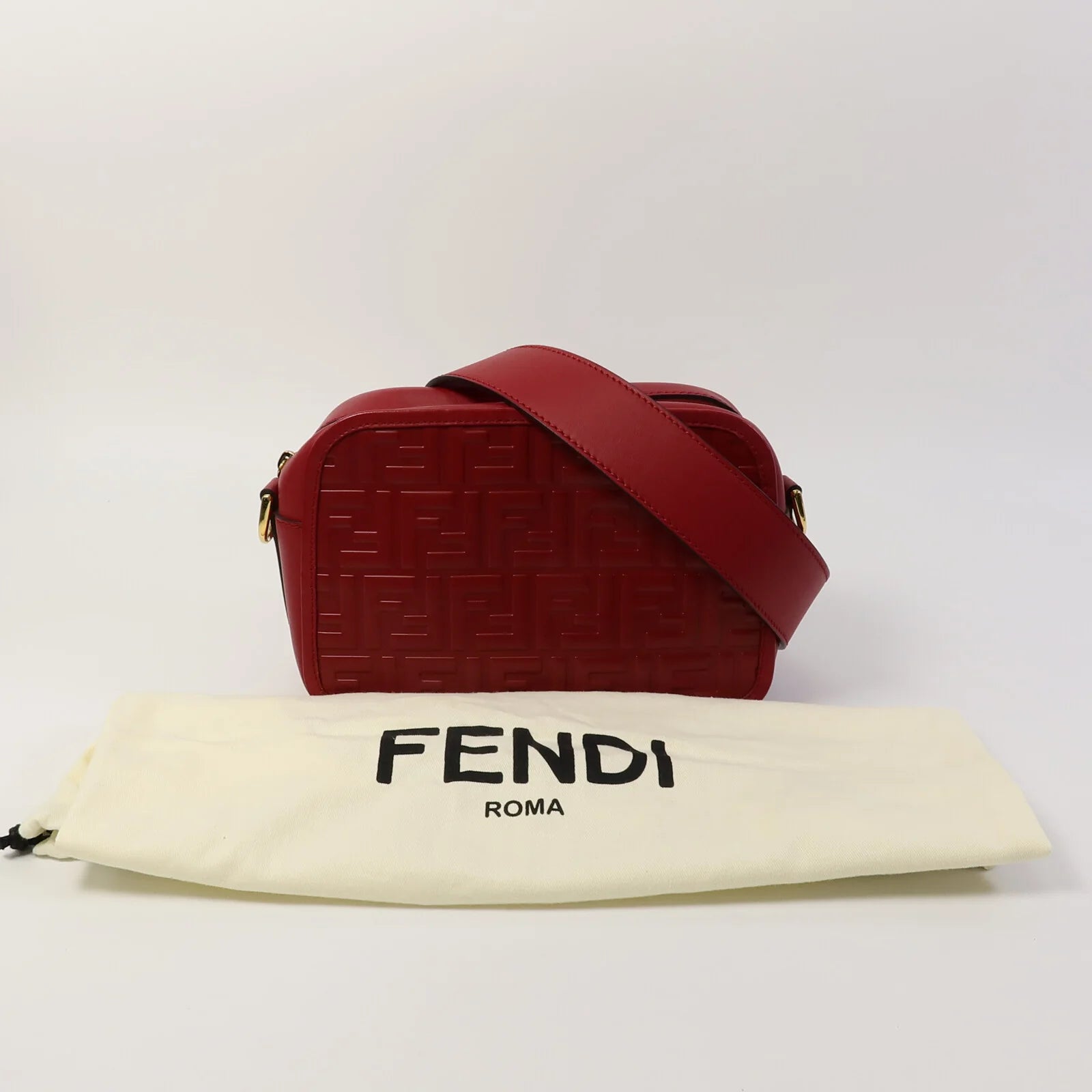 Fendi Red Embossed FF Leather Camera Case Crossbody Bag with Logo Strap