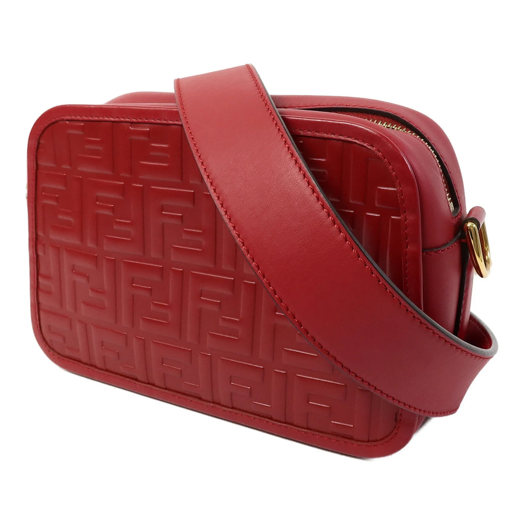 Fendi Red Embossed FF Leather Camera Case Crossbody Bag with Logo Strap