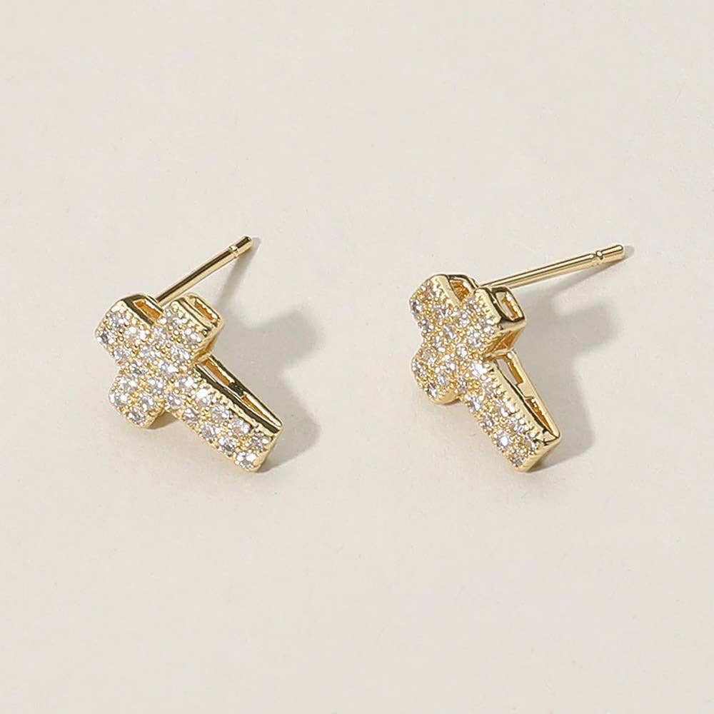CZ Stone Paved Cross Stud Earrings
