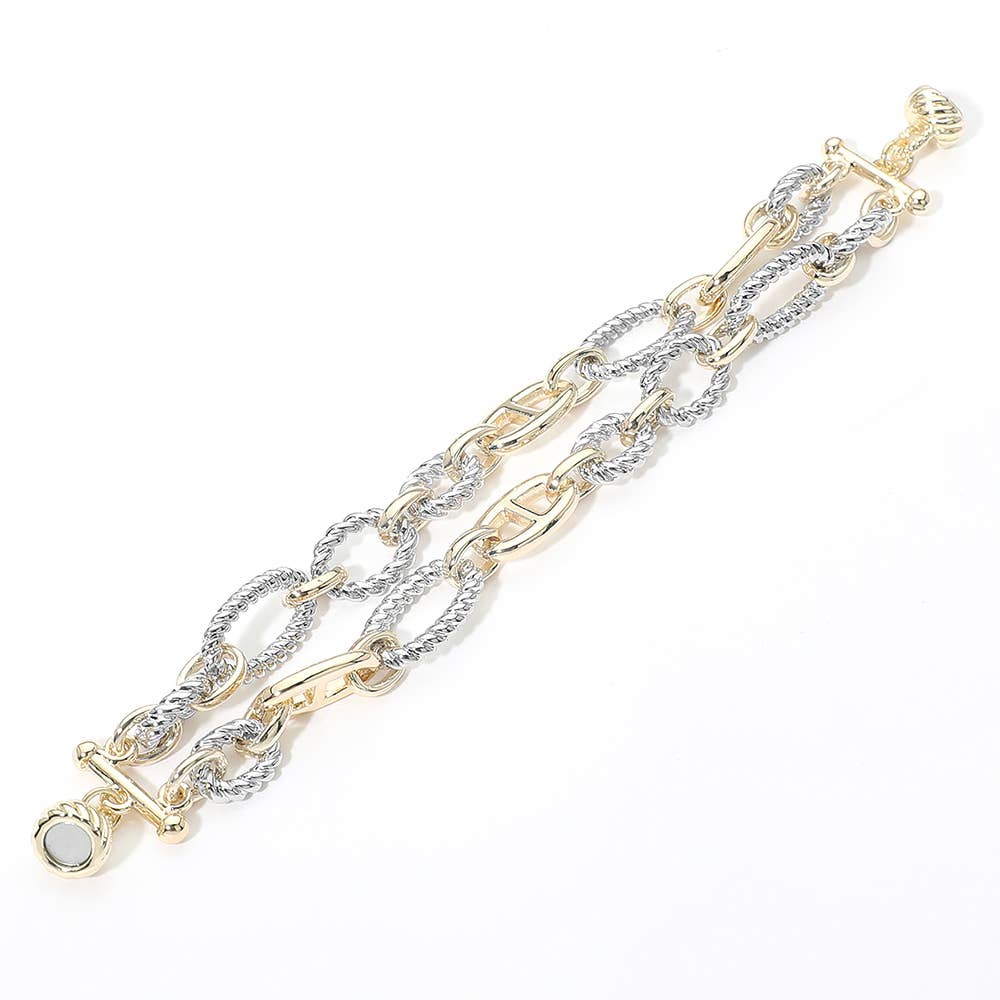 14K Gold Plated Two Tone Mixed Link Double Layered Magnetic Bracelet