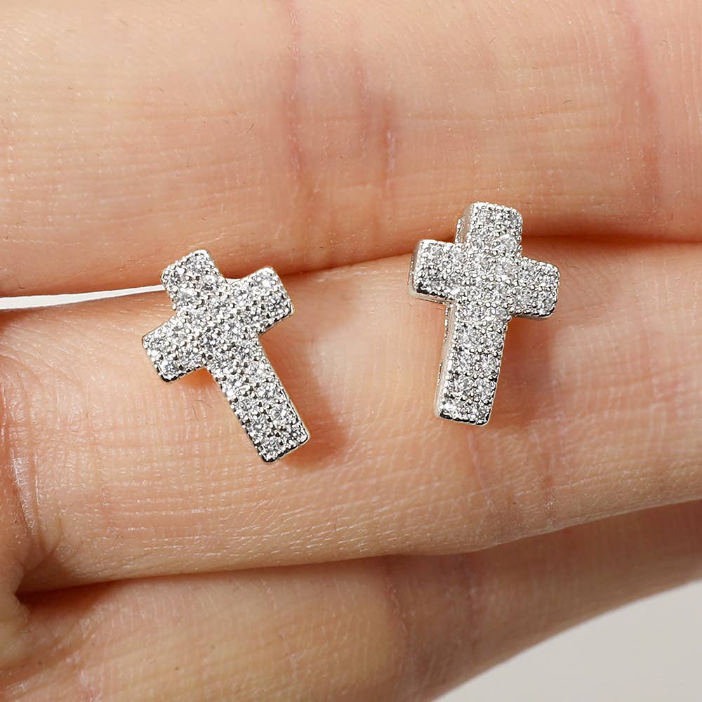 CZ Stone Paved Cross Stud Earrings