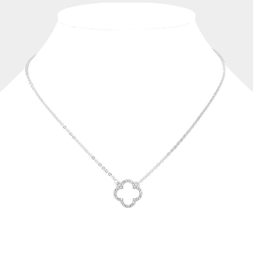 Stone Paved Open Quatrefoil Pendant Necklace