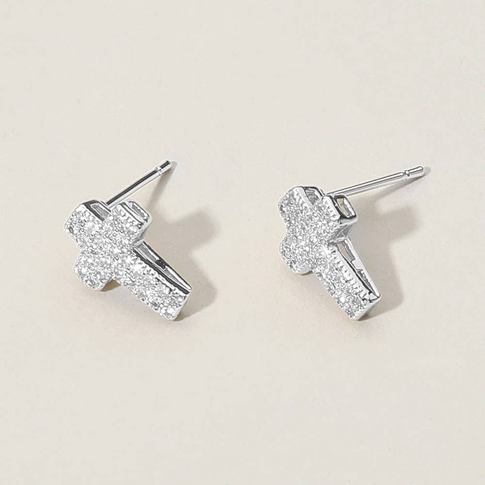 CZ Stone Paved Cross Stud Earrings